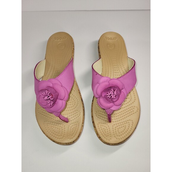 CROCS Shoes - Crocs A-Leigh Floral Suede Slide-On Thong, Size 9